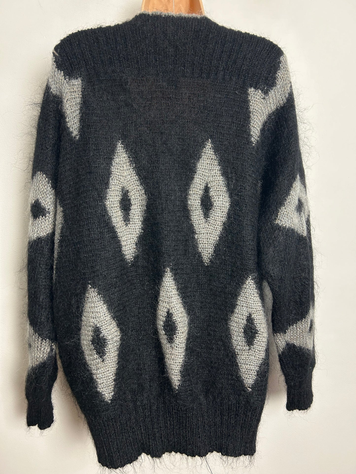 Vintage 1980s Up To Size 14/16 Black & Silvery Grey Mohair Mix Long Sleeve Slouchy Cardigan