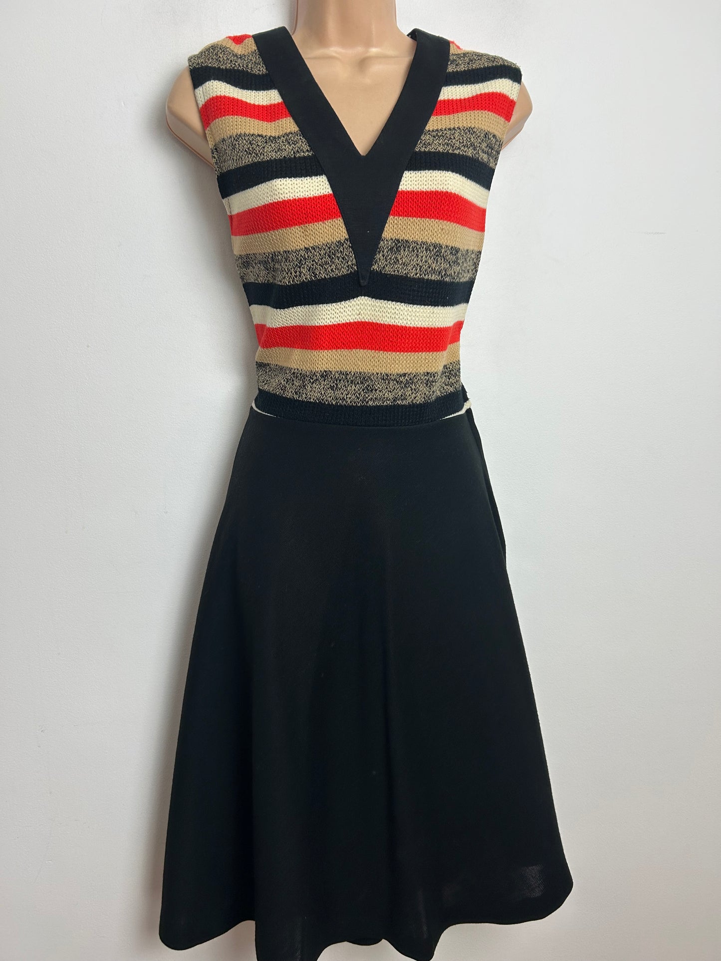 Vintage 1960s ST MICHAEL Size 12 Black Red Beige & White Stripe Print Sleeveless Mod Dress