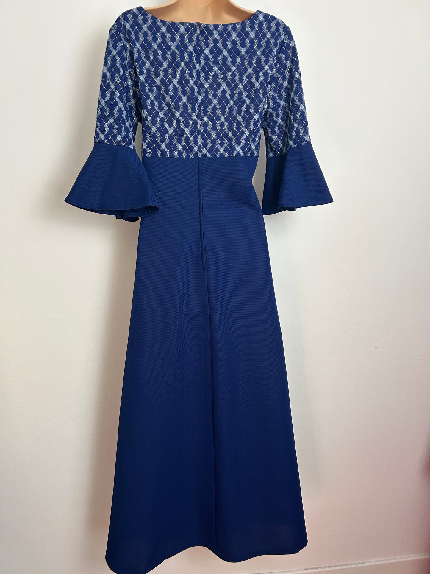 Vintage 1970s CAROL PHASE Size 12 Navy Blue & Gold Metallic Check Bodice Flared Cuff Evening Maxi Dress