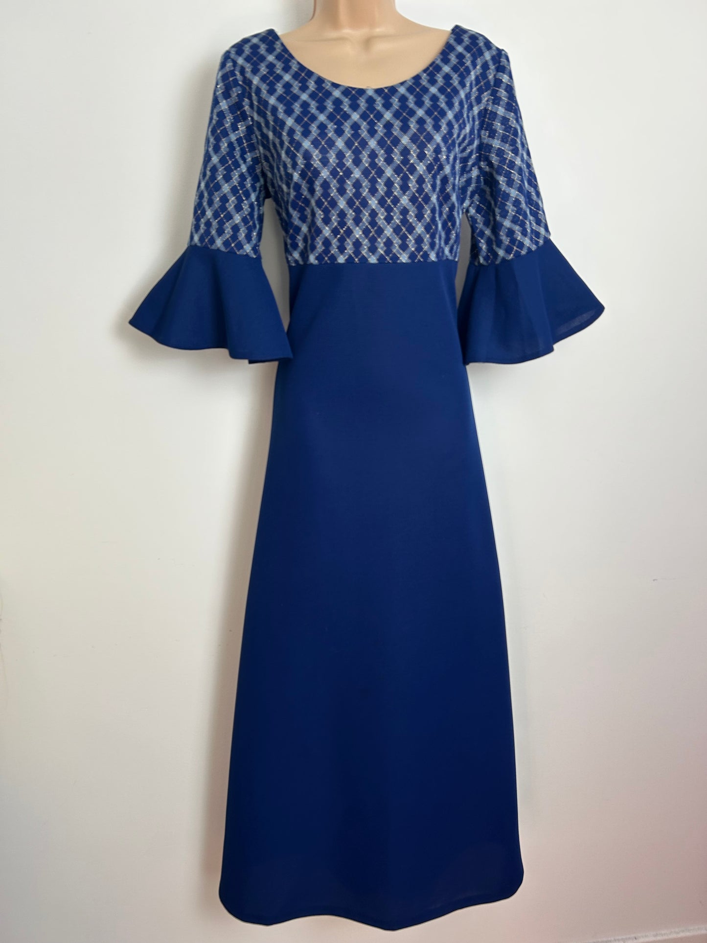 Vintage 1970s CAROL PHASE Size 12 Navy Blue & Gold Metallic Check Bodice Flared Cuff Evening Maxi Dress