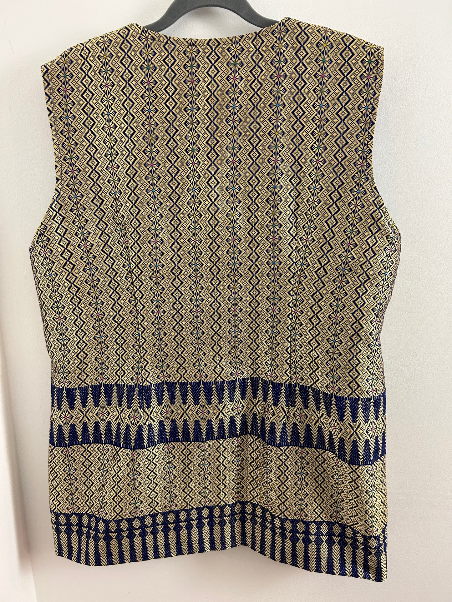 Vintage UK Size 14-16 Gold & Blue Woven Silk Abstract Pattern Tunic Waistcoat