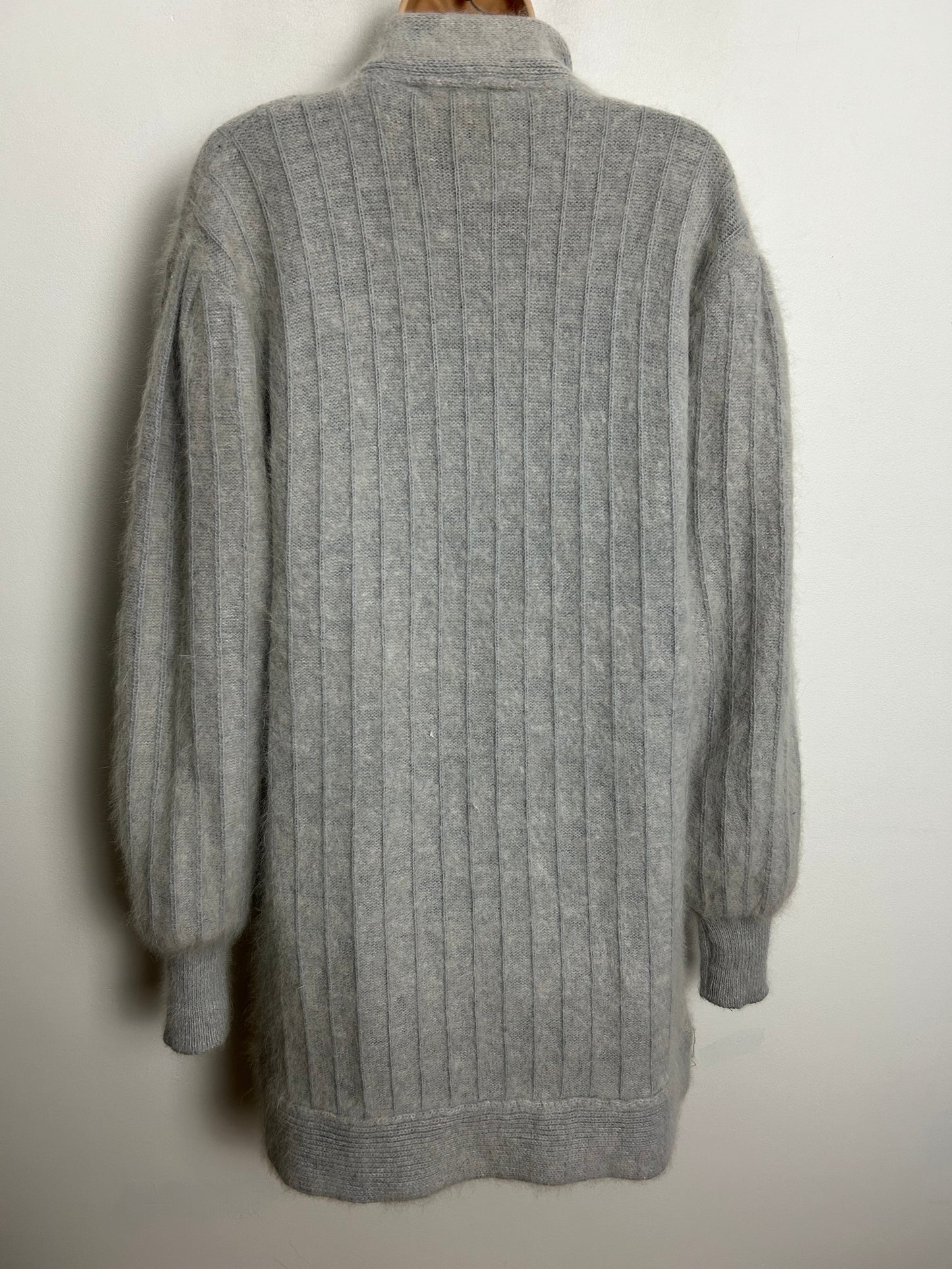 Vintage 1980s One Size Up To Size 16 Pale Grey Angora Mix Long Sleeve Open Fronted Cardigan