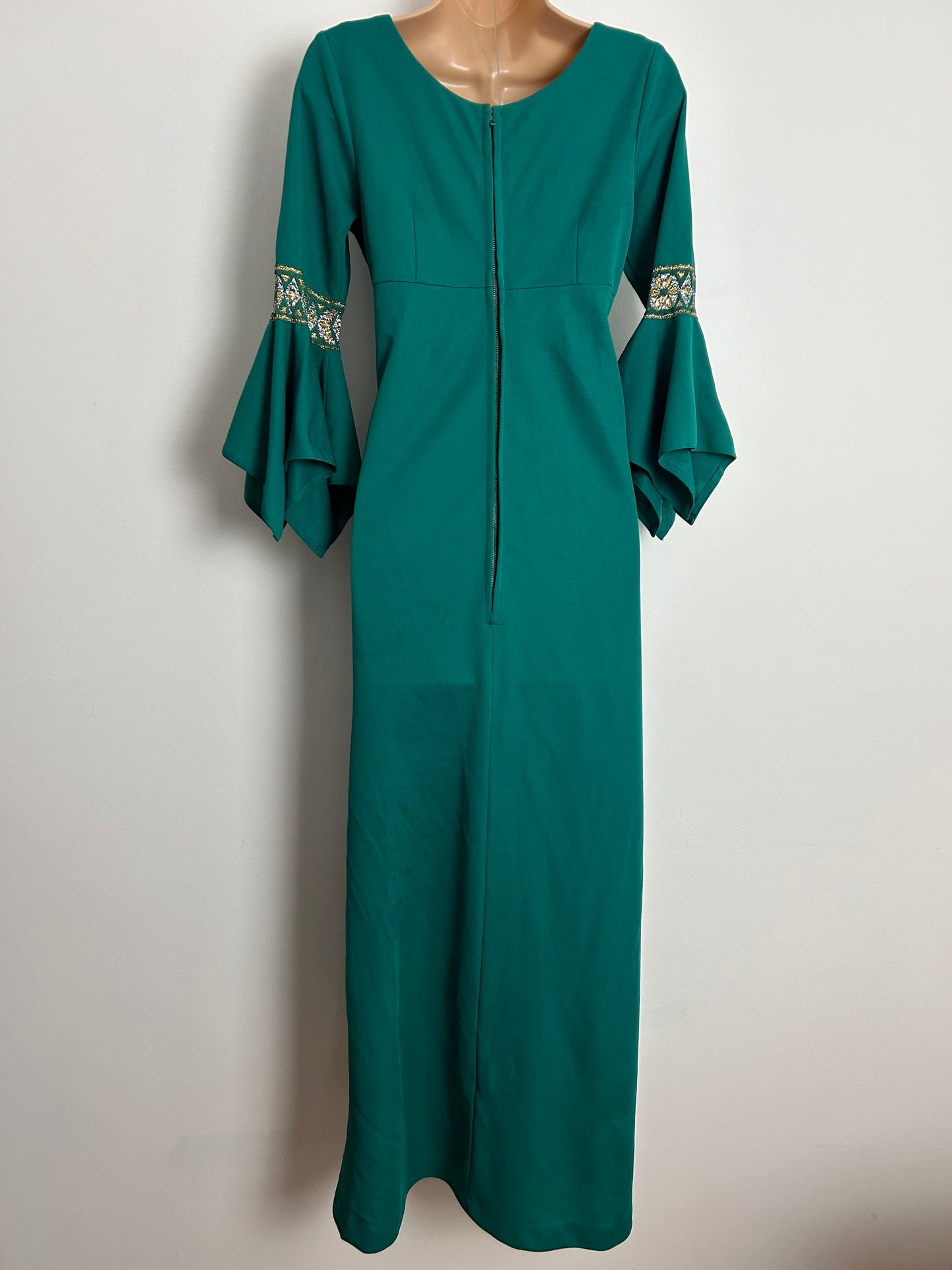 Vintage 1970s UK Size 8 Teal Green With Gold & Silver Braid Trim Handkerchief Cuff Maxi Dress