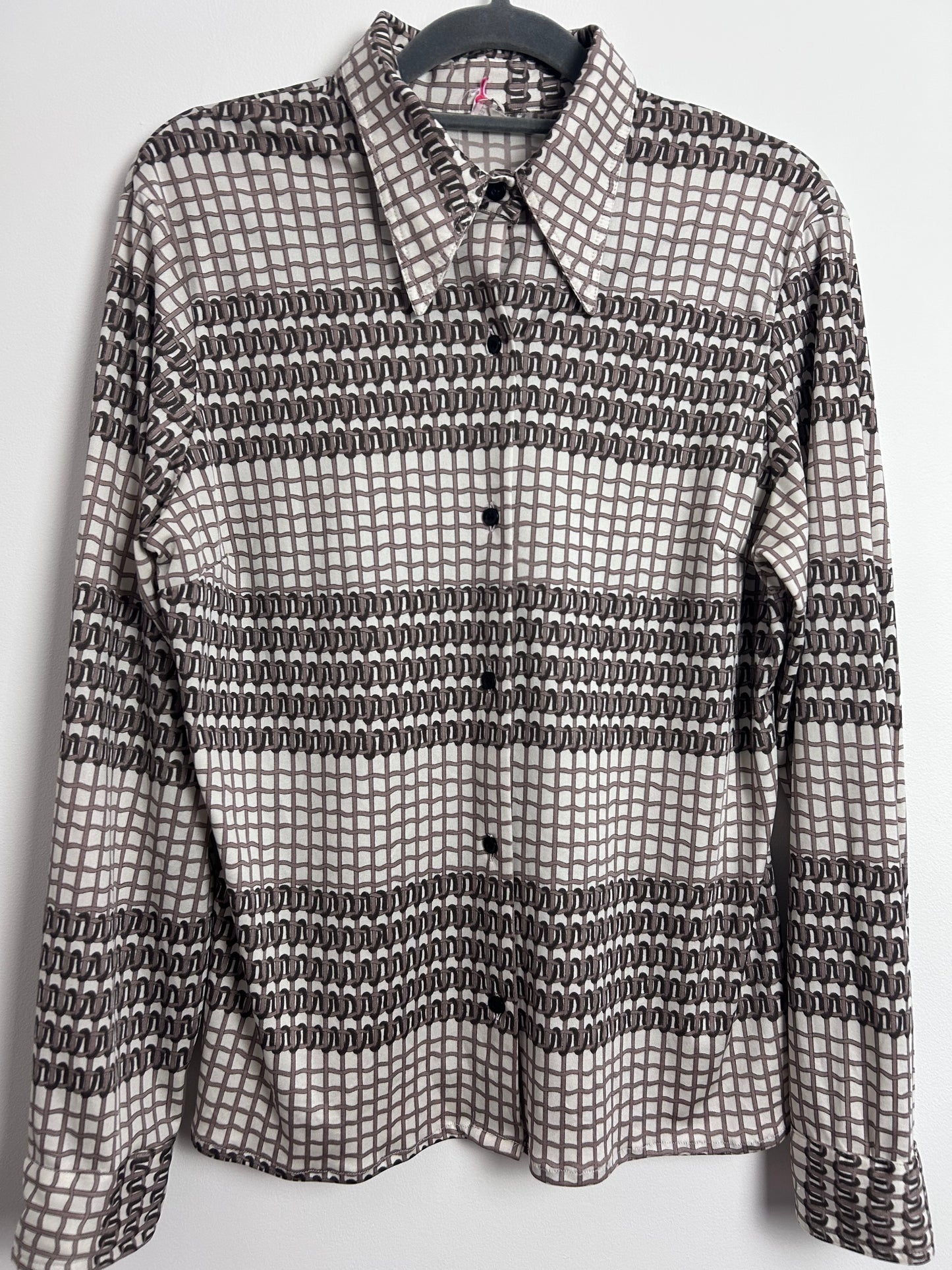 Vintage 1970s Size 12 White Mocha Brown Woven Abstract Print Long Sleeve Shirt