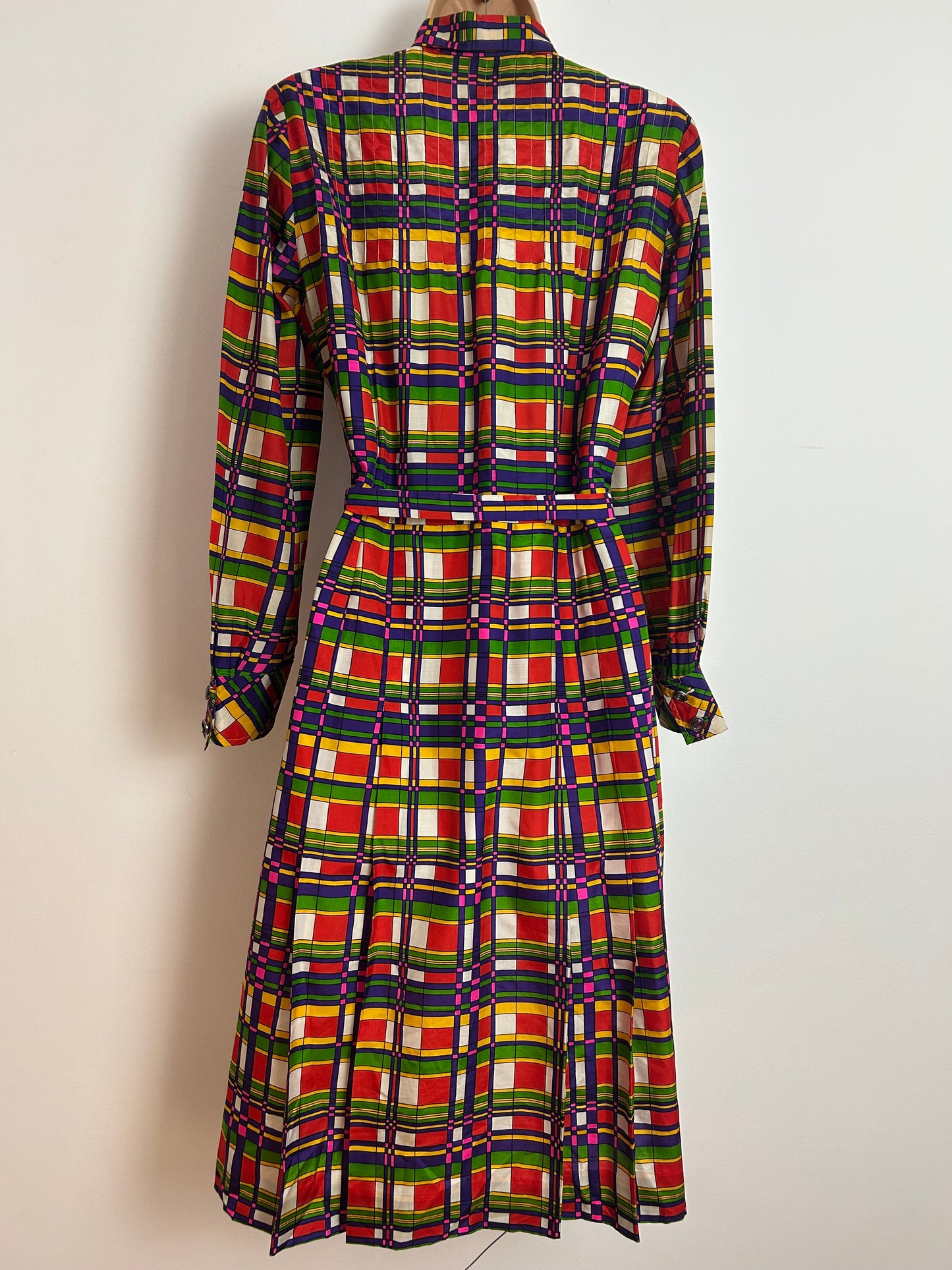 Vintage 1970s Size 12 Red Green Purple White & Yellow Check Stripe Print Belted Pleated Dagger Collar Dress