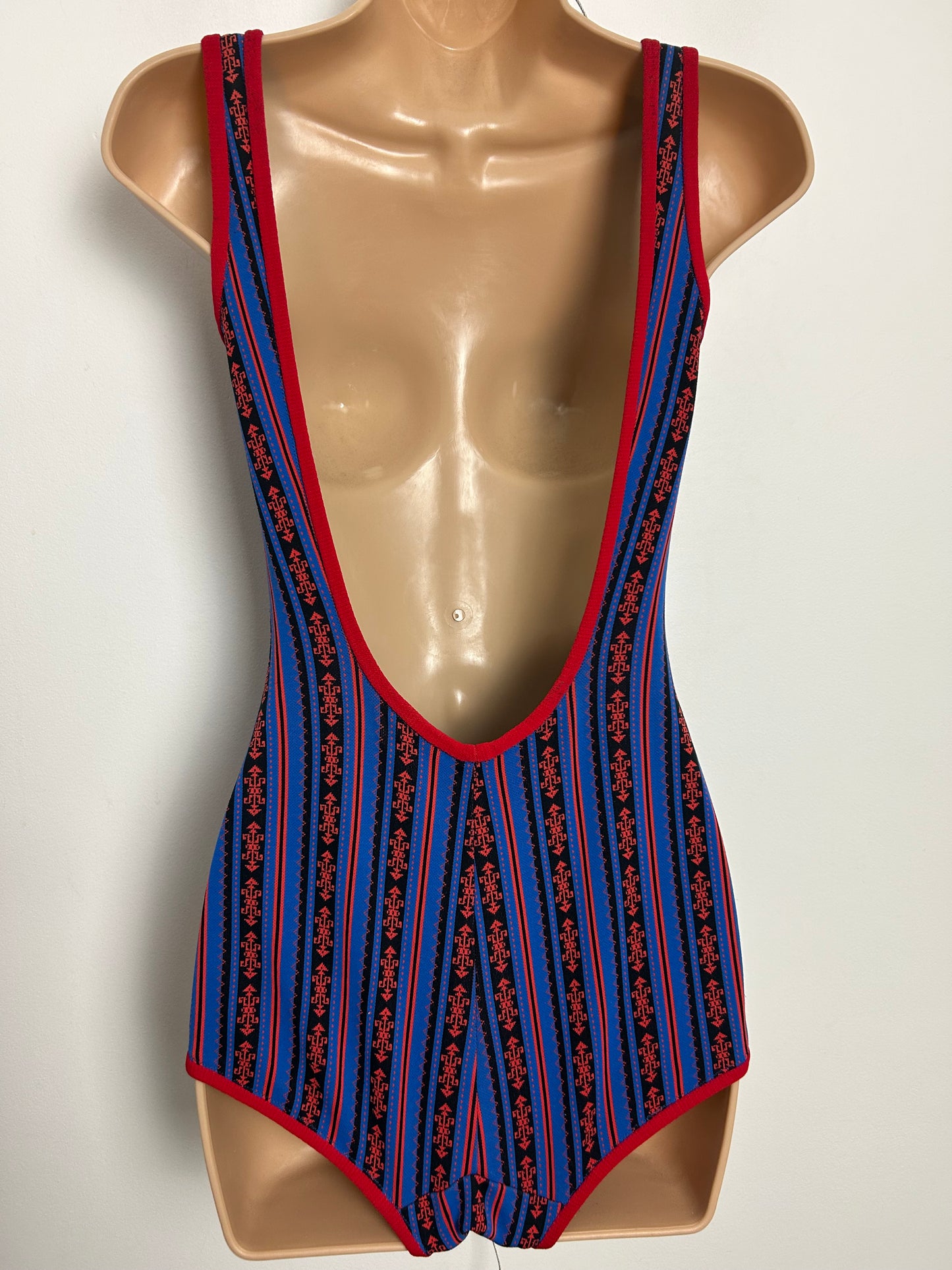 Vintage 1950s HIPPOCAMP Approx Size 12 Blue & Red Abstract Stripe Print Skirted Swimsuit
