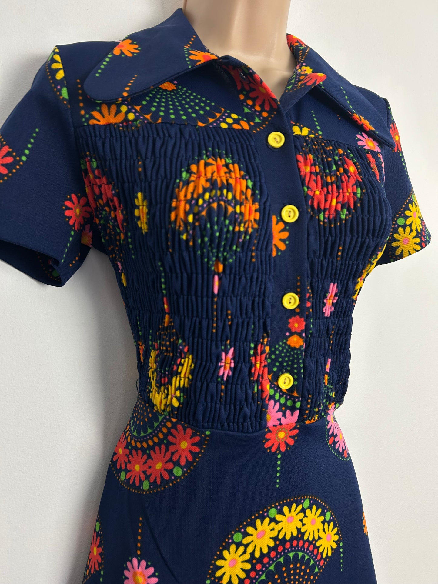 Vintage Early 1970s Size 8 Navy Blue Orange Pink Yellow & Pink Floral & Fan Print Beagle Collar Mini Dress