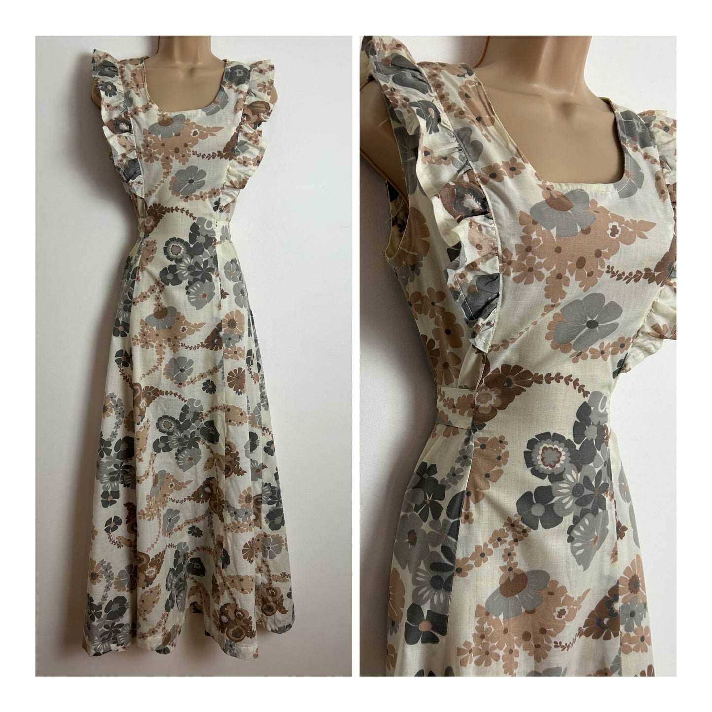 Vintage 1970s Size 8 Off White Brown & Grey Tones Floral Print Cotton Mix Prairie Maxi Dress