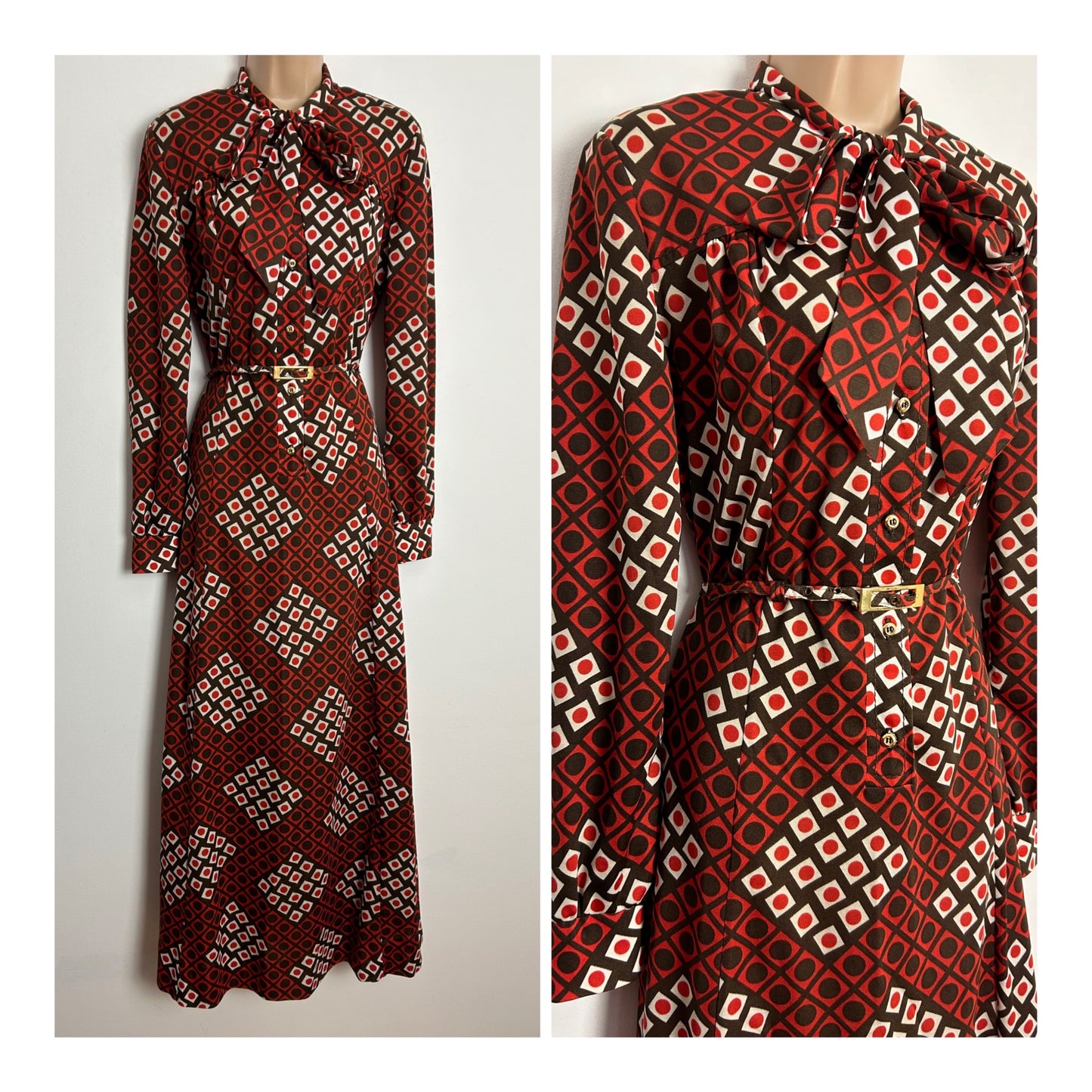 Vintage 1970s LEROSE UK Size 12-14 Dark Red White & Orange Square & Circle Print Long Sleeve Belted Pussy Bow Maxi Dress