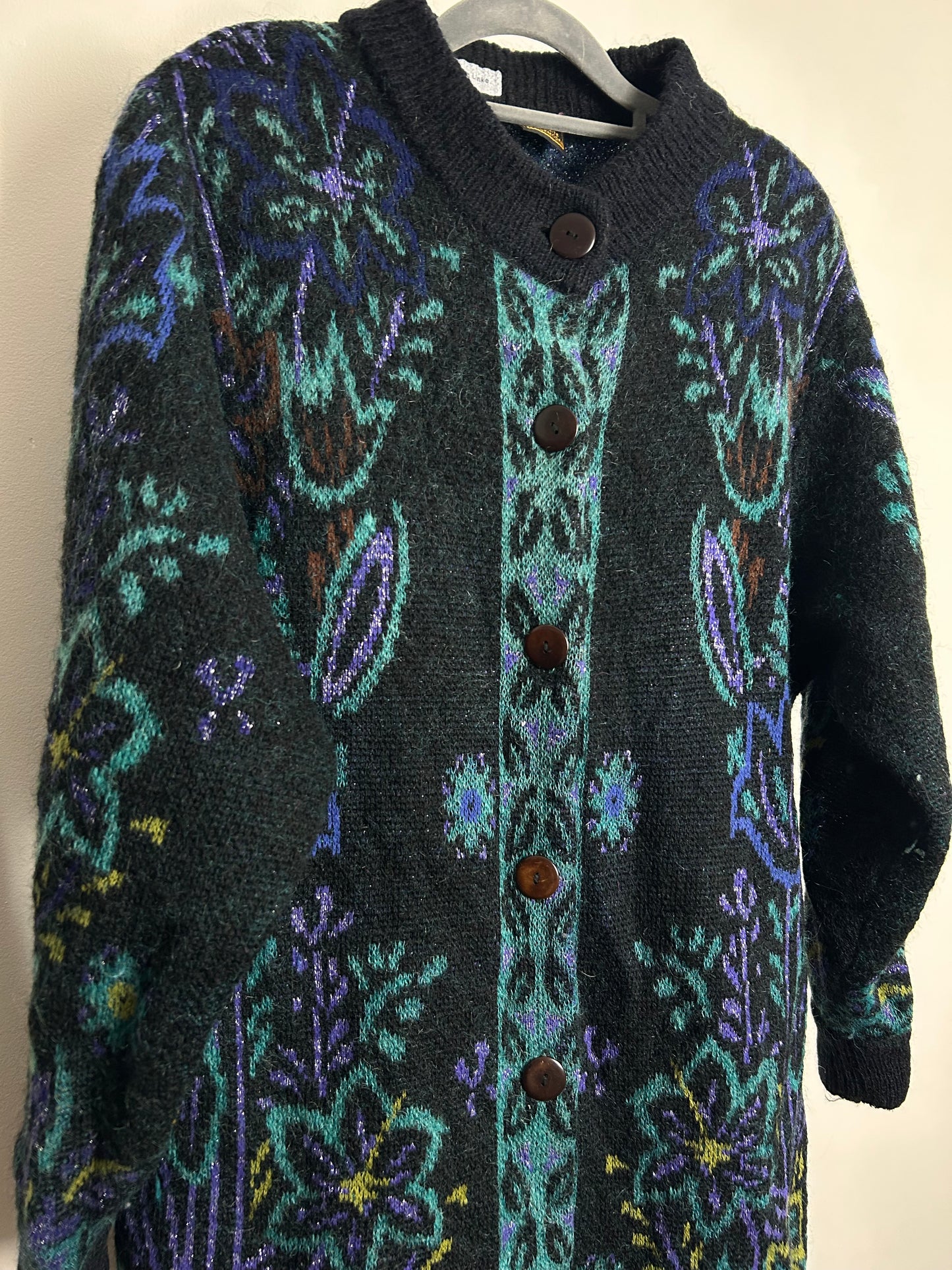 Vintage 1980s Size 12-14 Slouchy Fit Black Green & Blue Wool Mix Long Line Chunky Cardigan