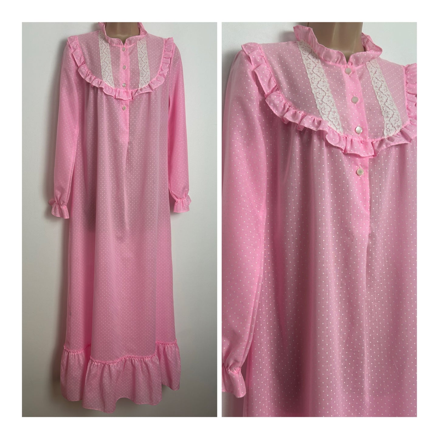 Vintage Size 10-12 Pink & White Polka Dot Lace & Ruffle Trim Long Sleeve Smock Style Nightdress