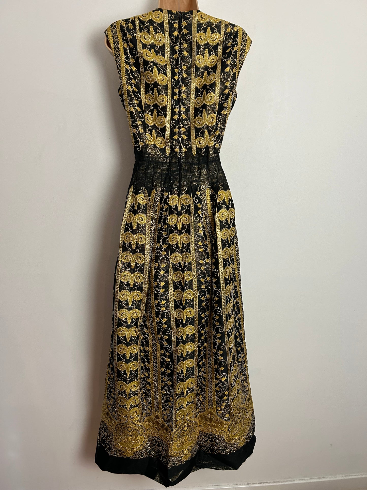 Vintage 1970s DWEIGLER MODELL UK Size 10 Stunning Black & Metallic Gold Brocade Christmas Evening Maxi Dress