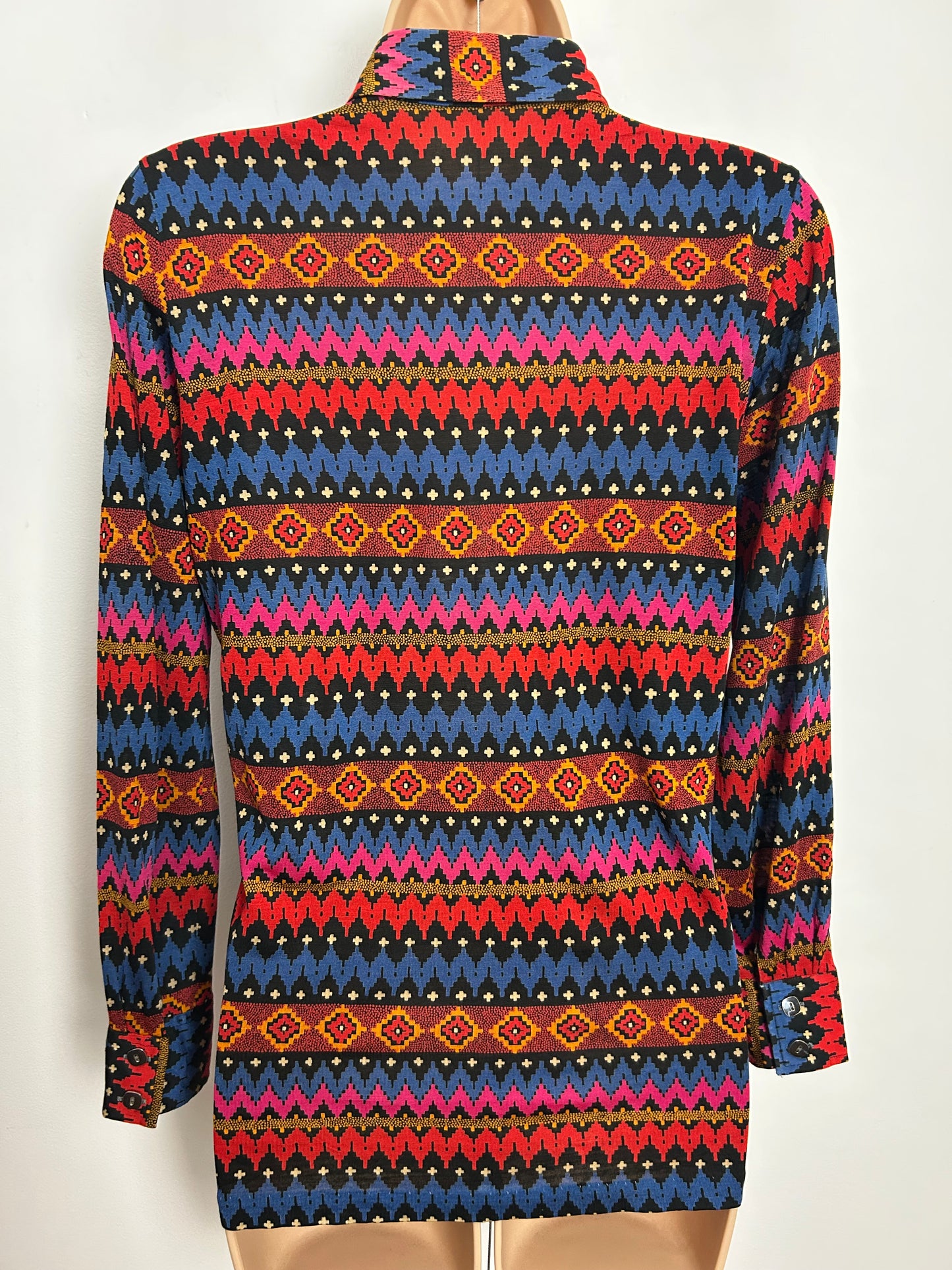Vintage 1970s Size 8-10 Blue Red & Pink Abstract Print Long Sleeve Shirt