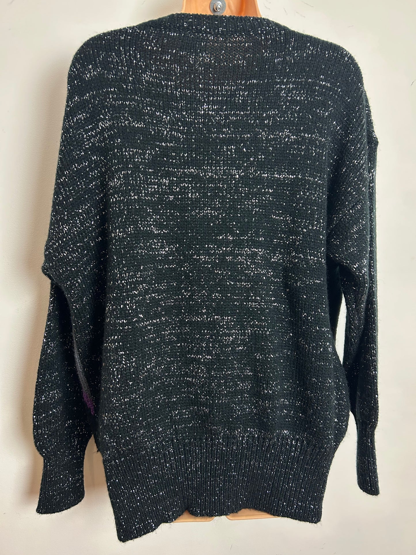 Vintage 1980s SANTAS Up To Size 16 Black Purple & Silver Lurex Sequin Cat Detail Jumper