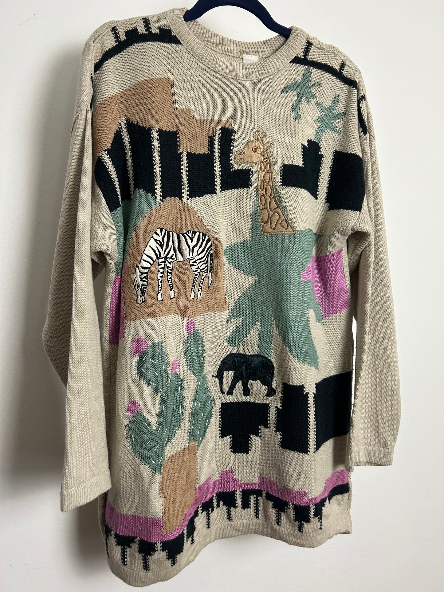 Vintage 1980s Up To Size 16 Beige Green Pink & Black Animal Applique Novelty Jumper