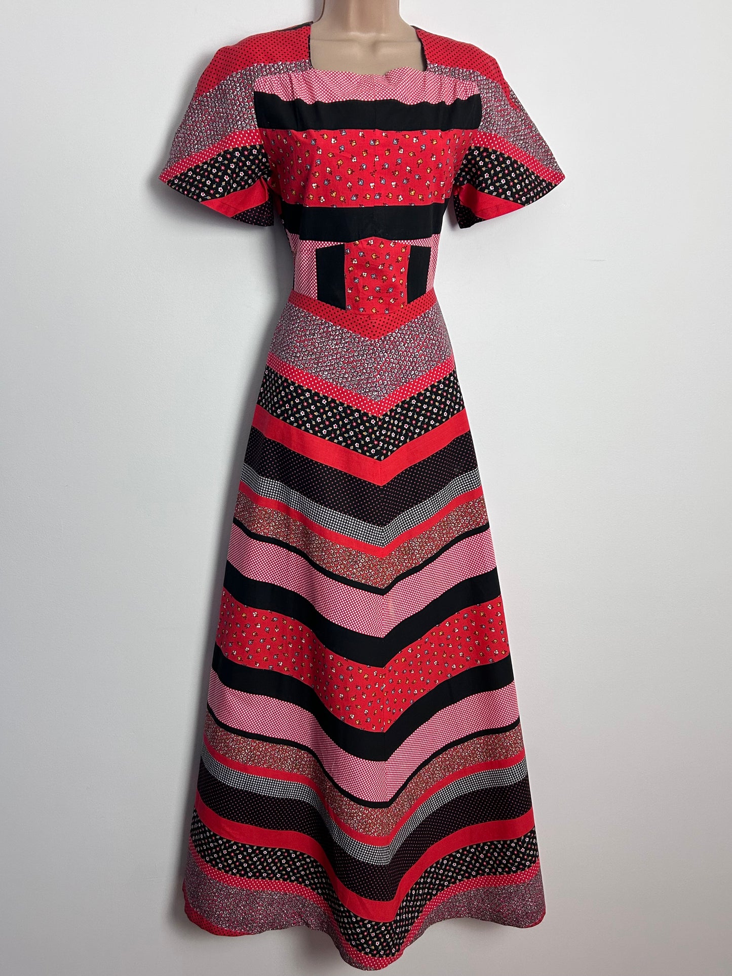 Vintage 1970s UK Size 4-6 Cute Red Black & White Patchwork Floral Polka Dot Stripe Print Cotton Boho Maxi Dress