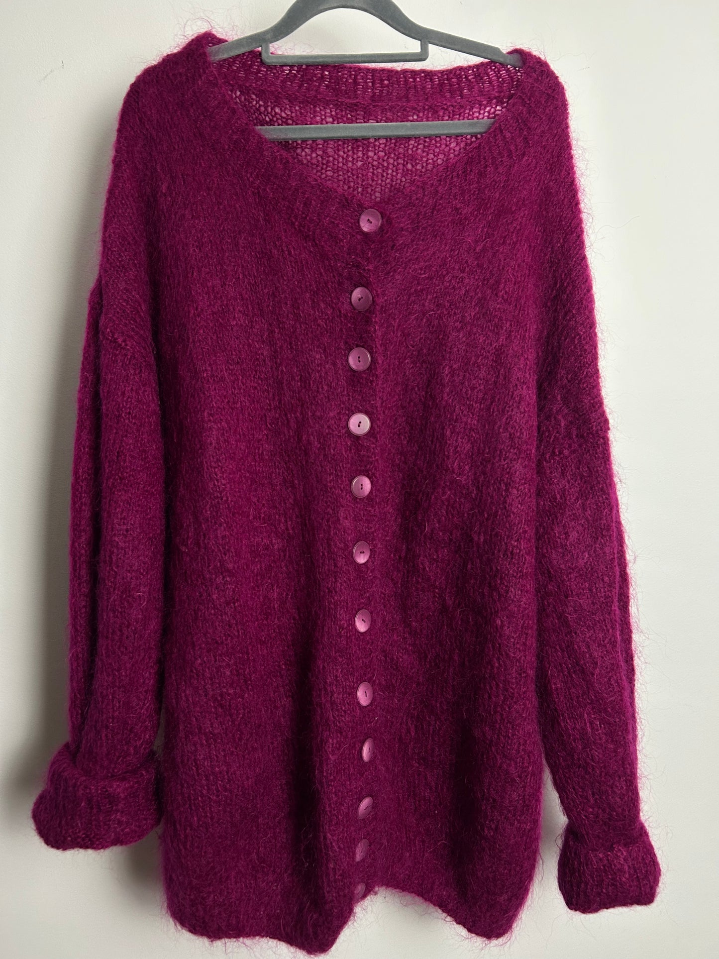 Vintage 1980s One Size Up To 16 Slouchy Overized Magenta Mohair Mix Long Line Cardigan