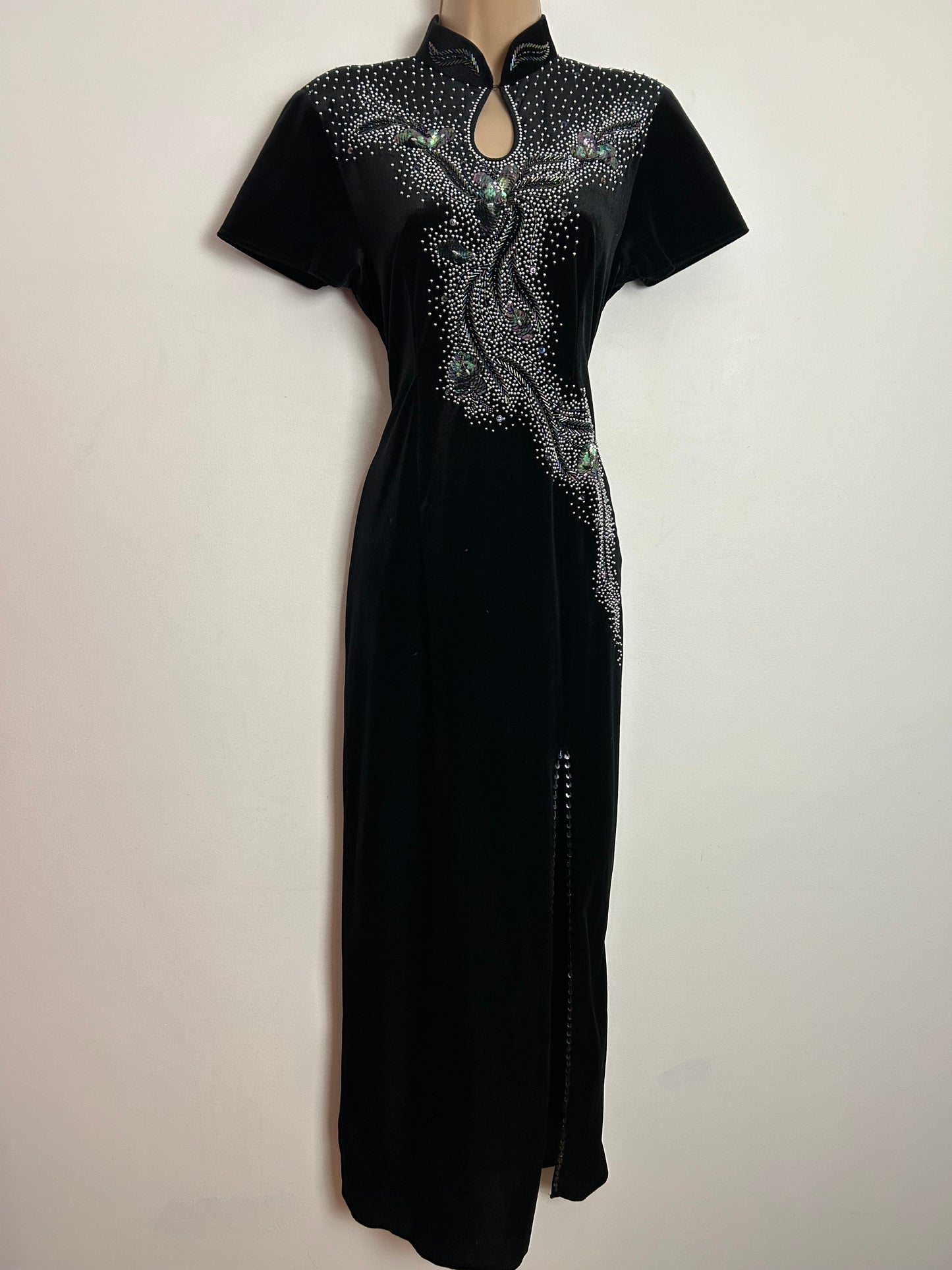 Vintage 1980s UK Size 10-12 Black Velvety Velour Bead & Sequin Embellished Evening Dress
