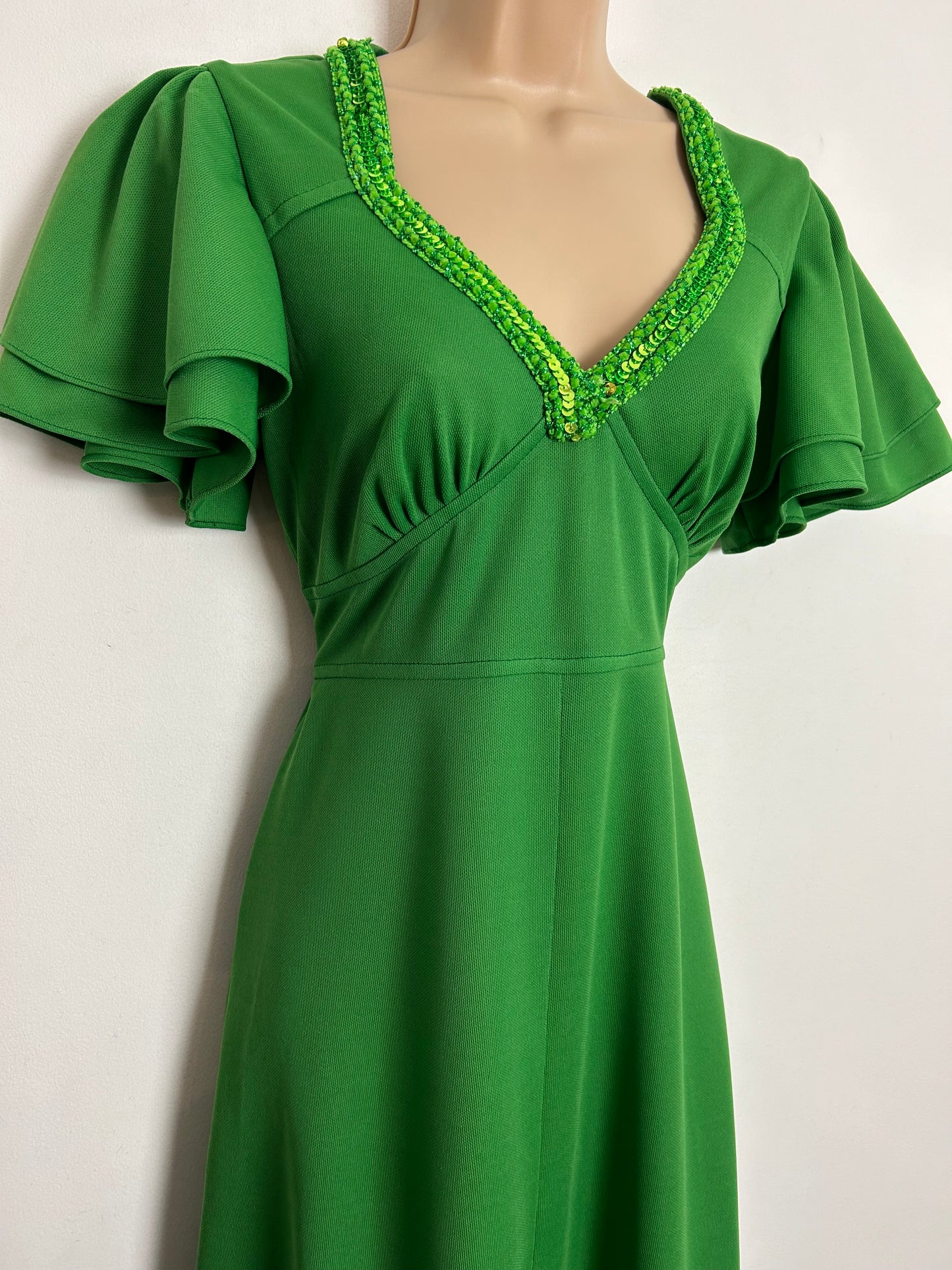Vintage 1970s UK Size 10 Green Sequin Detail Short Layered Flared Sleeve Tie Back Boho Maxi Dress
