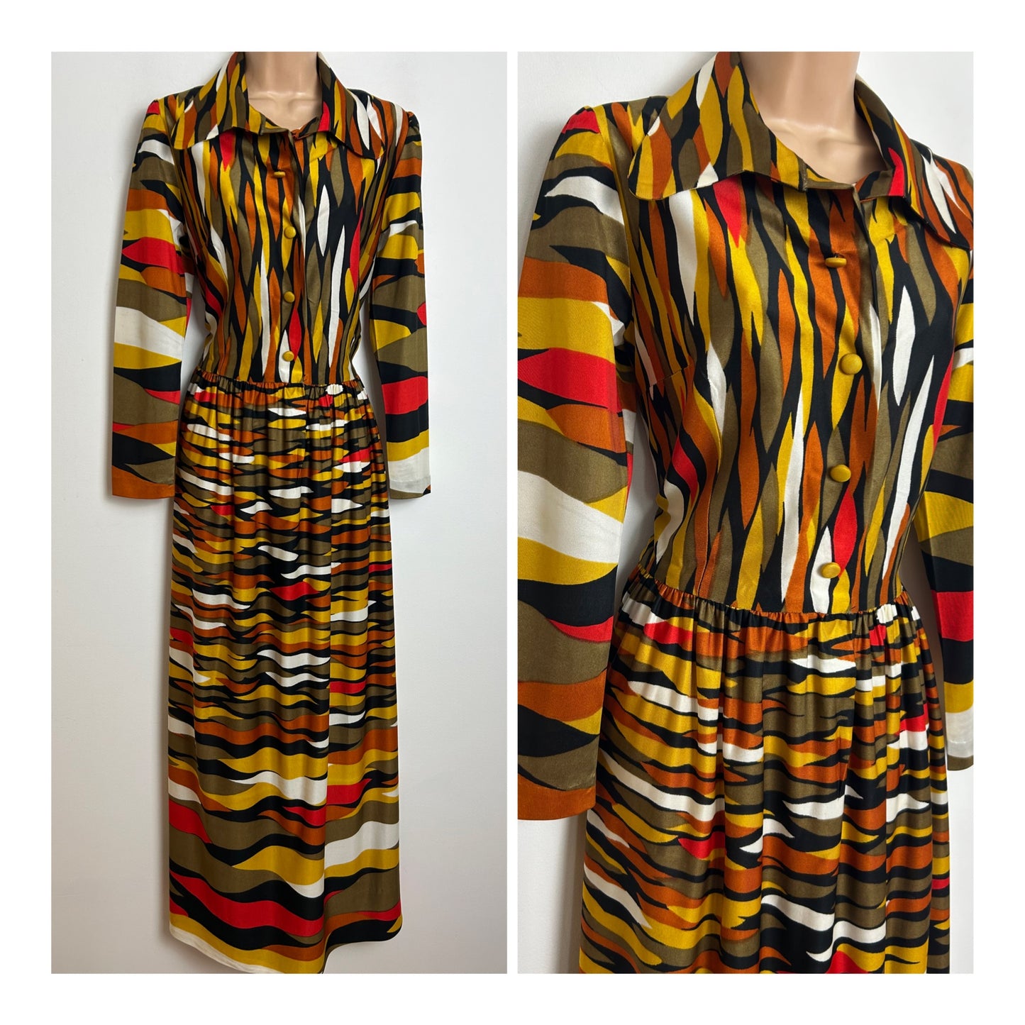 Vintage 1970s Size 8 Brown Black Mustard & Red Zebra Stripe Long Sleeve Maxi Dress