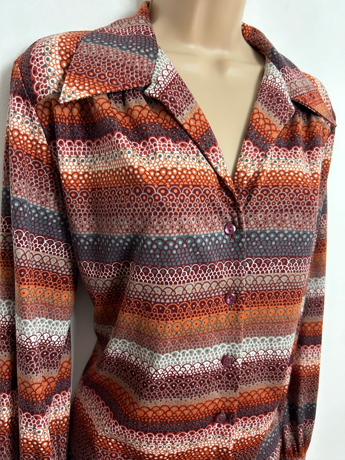 Vintage 1970s KARTING UK Size 16 Dark Reds Petrol Blue & Rusty Orange Abstract Print Long Sleeve Shirt