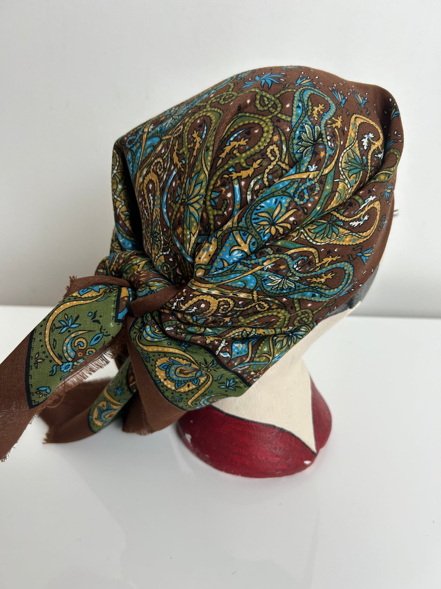 Vintage Brown Green & Sandy Beige Floral Print Cotton Mix Scarf 78cm x 78cm
