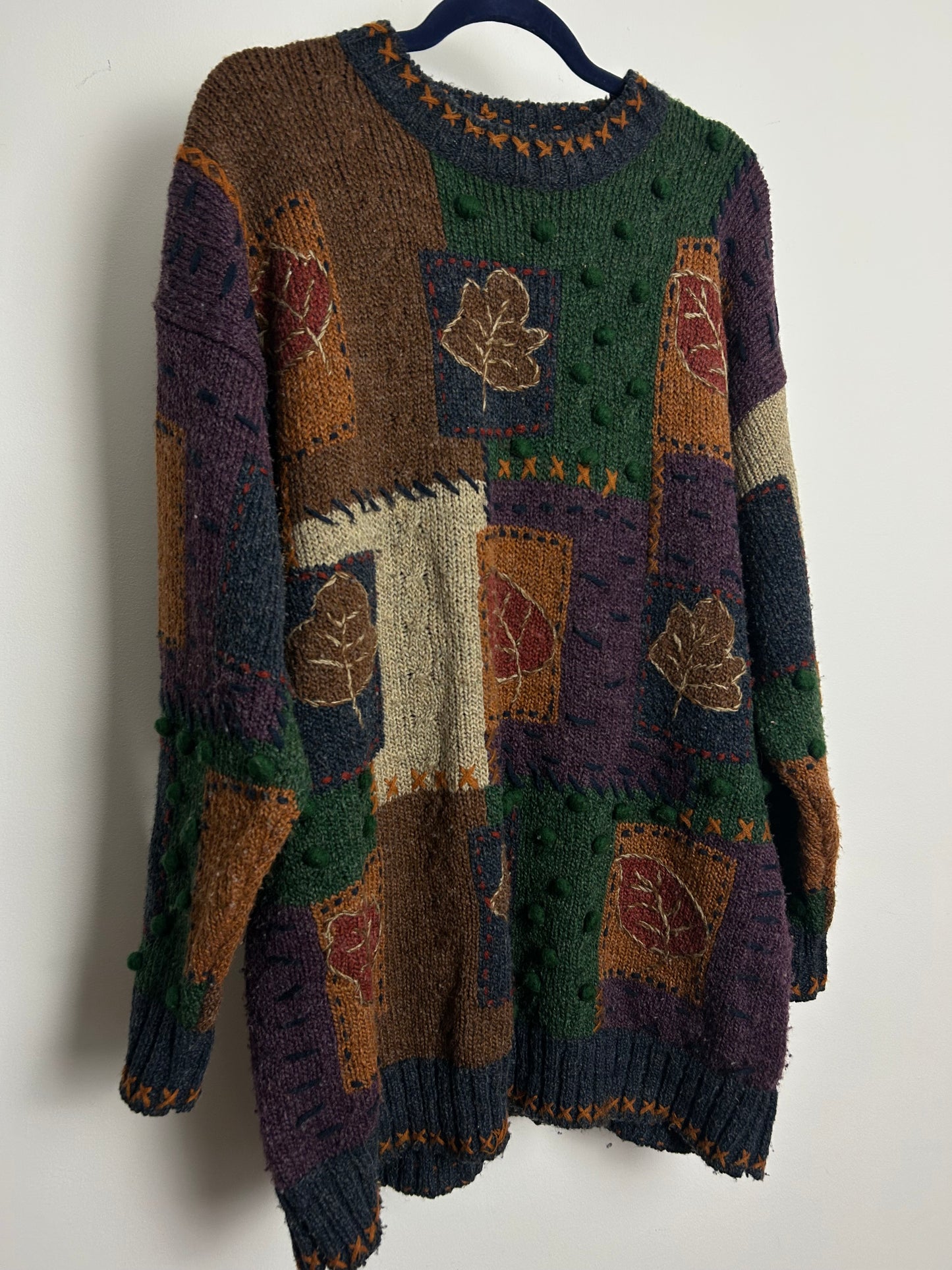 Vintage 1980s 90s Up To Size 20 Brown & Green Autumnal Leaf Pattern Wool Mix Pullover Jumper