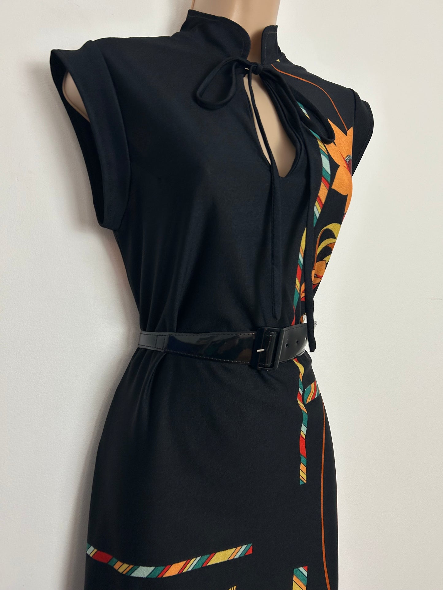 Vintage 1970s PAT FARRELL FOR FIONA DRESSES Size 10 Black Orange & Blue Floral & Stripe Print Belted Midi Dress