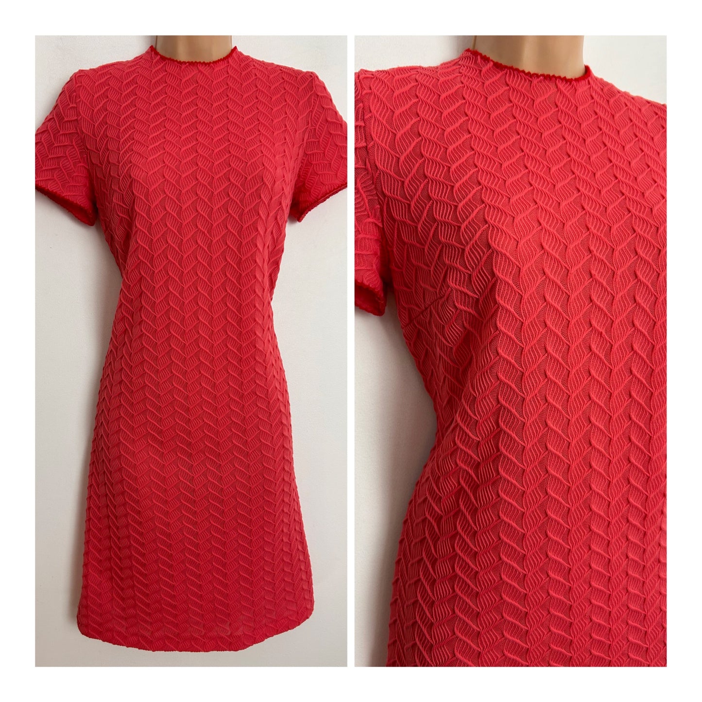 Vintage 1960s UK Size 10 Coral Zig Zag Stripe Textured Short Sleeve Mod Shift Dress