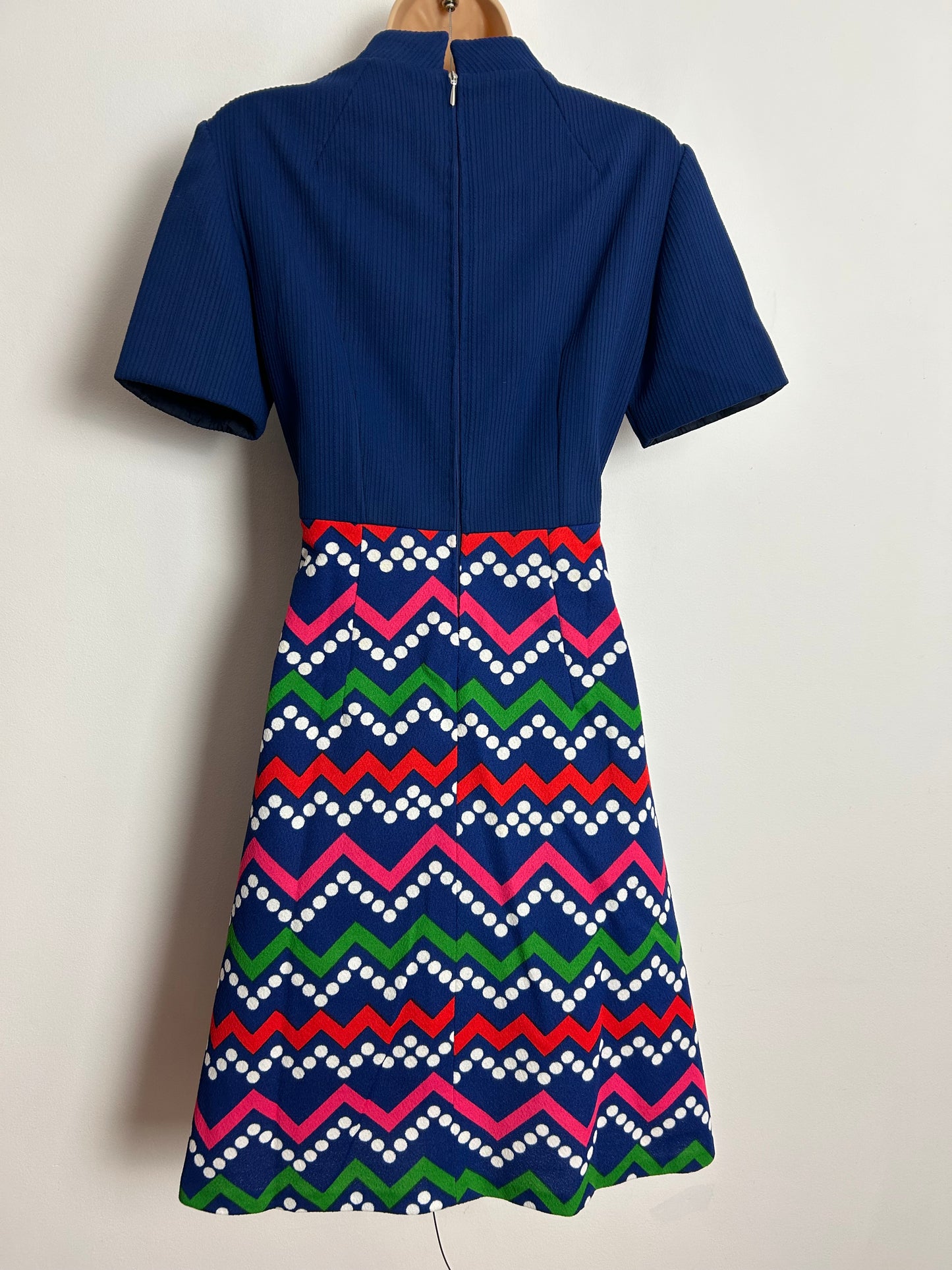Vintage 1960s UK Size 10 Navy Blue Pink Red Green & White Zig Zag Stripe & Spot Print Mod Dress