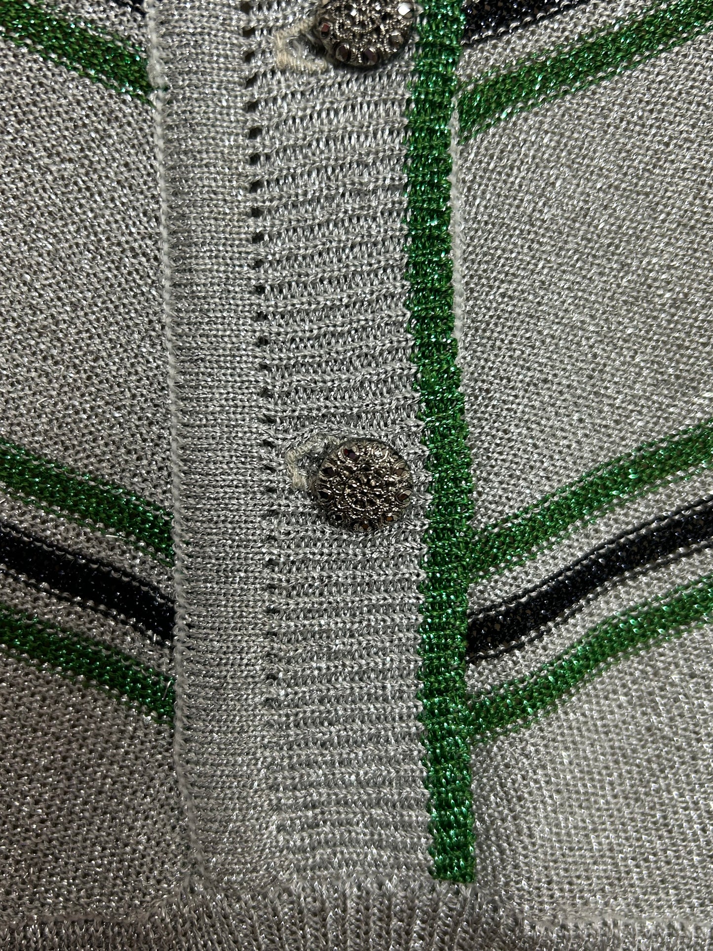 Vintage 1970s UK Size 10-12 Silver Green & Black Stripe Lurex Long Sleeve Top