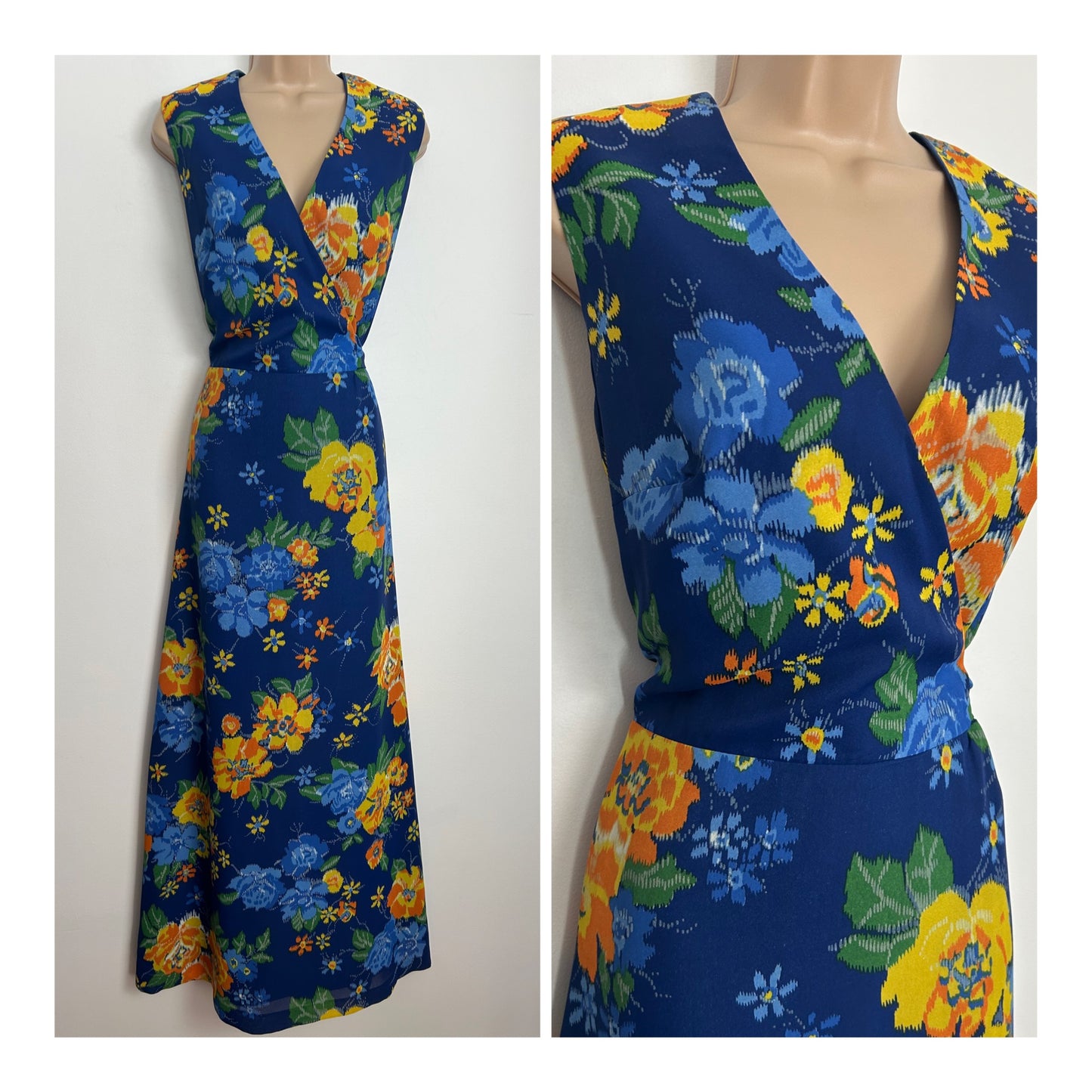 Vintage 1970s Size 12-14 Blue Orange Yellow & Green Floral Print Sleeveless Tie Back Summer Maxi Dress