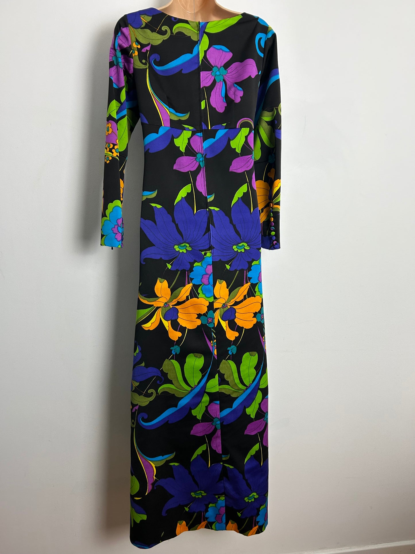 Vintage 1970s UK Size 8-10 Black Vibrant Multicolour Floral Print Long Sleeve Maxi Dress