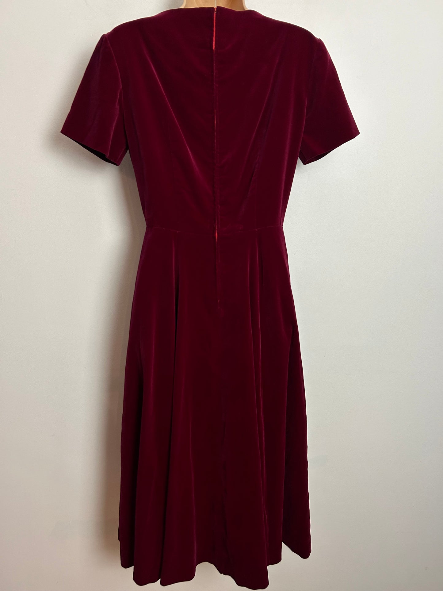 Vintage Late 1950s UK Size 8 Beautiful Red Velvet Slash Neck Short Sleeve Xmas Day Dress