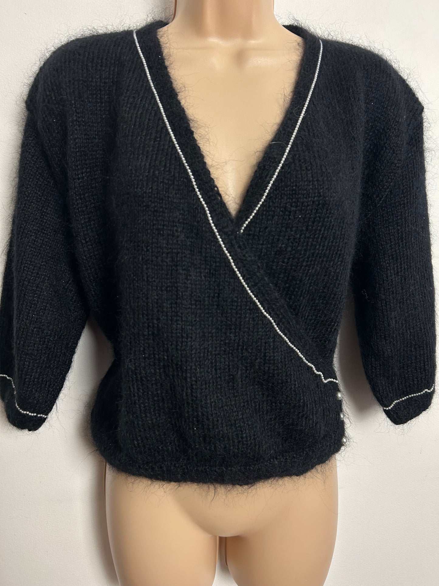 Vintage 1980s Size 12-14 Black Mohair Mix Mock Wrap Bead Detail Jumper