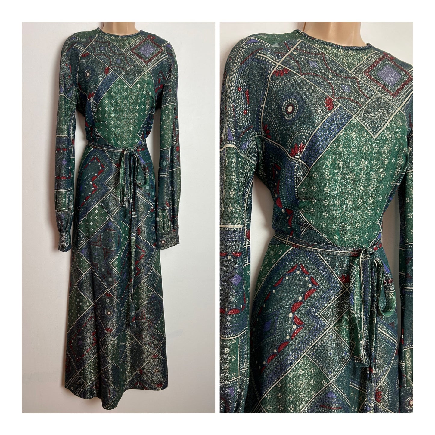 Vintage 1960s PANACHE BY ELIZABETH HENRY UK Size 12-14 Gorgeous Green Red & White Floral Check & Spot Print Lurex Occasion Maxi Dress