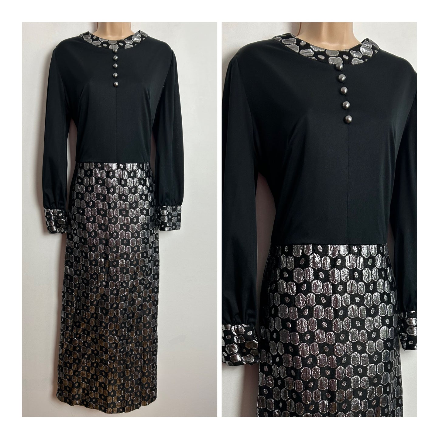Vintage 1970s MI SIZE UK Size 14-16 Black & Metallic Silver Lurex Abstract Pattern Long Sleeve Occasion Maxi Dress