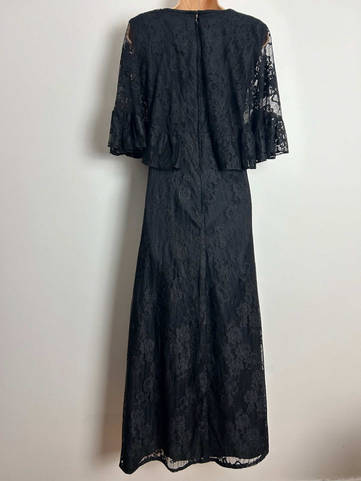 Vintage 1970s KATI AT LAURA PHILLIPS UK Size 10-12 Black Lace Caplet Boho Maxi Dress