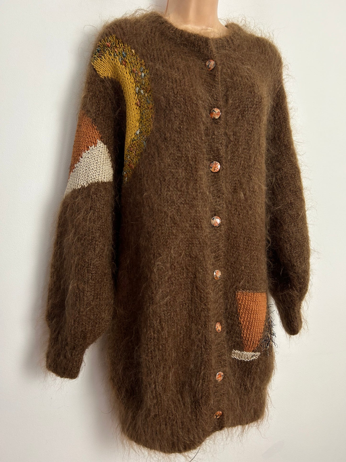 Vintage 1980s One Size Slouchy Fit Brown Tones Fan Pattern Long Sleeve Mohair Mix Cardigan