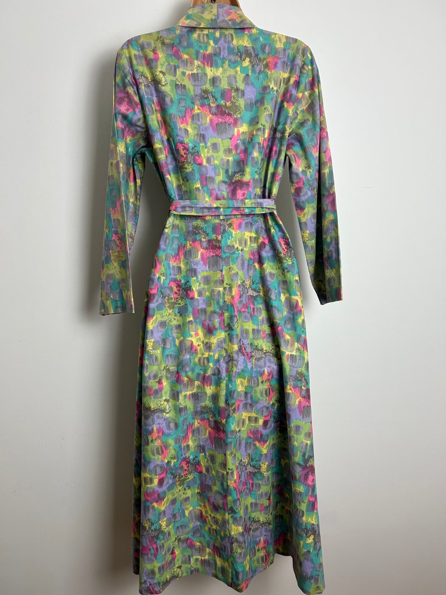 Vintage Late 1950s/Early 1960s Size 10-12 Green Pink Lilac & Turquoise Abstract Print Cotton Full Wrap Belted Day Dress