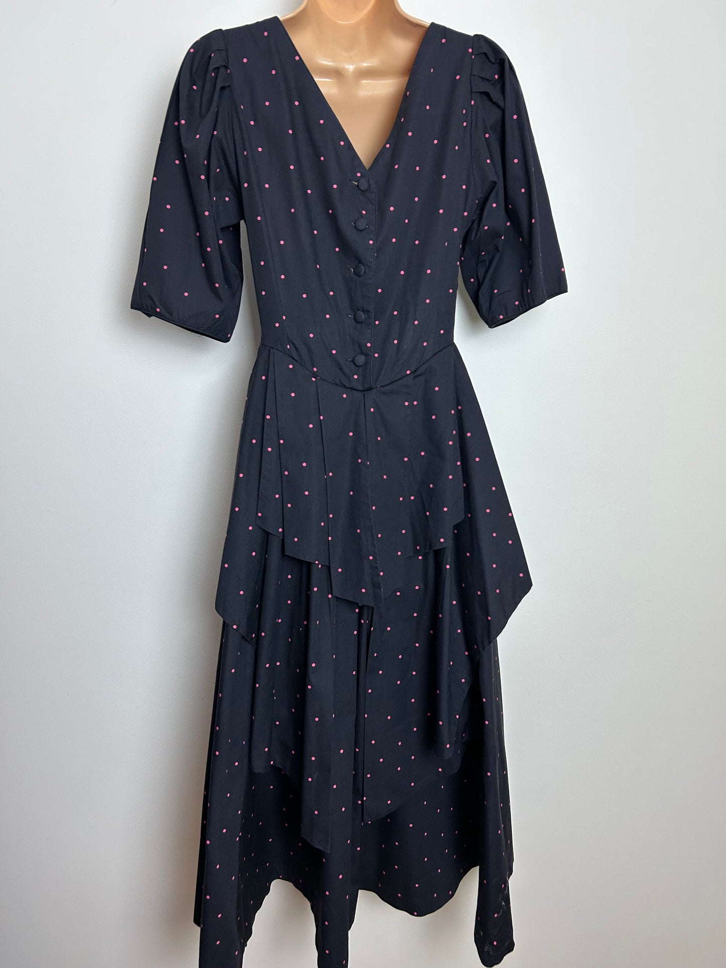 Vintage 1980s LAURA ASHLEY Size 12 (Size 16 On Label) Black & Pink Polka Dot Pleated Midi Dress