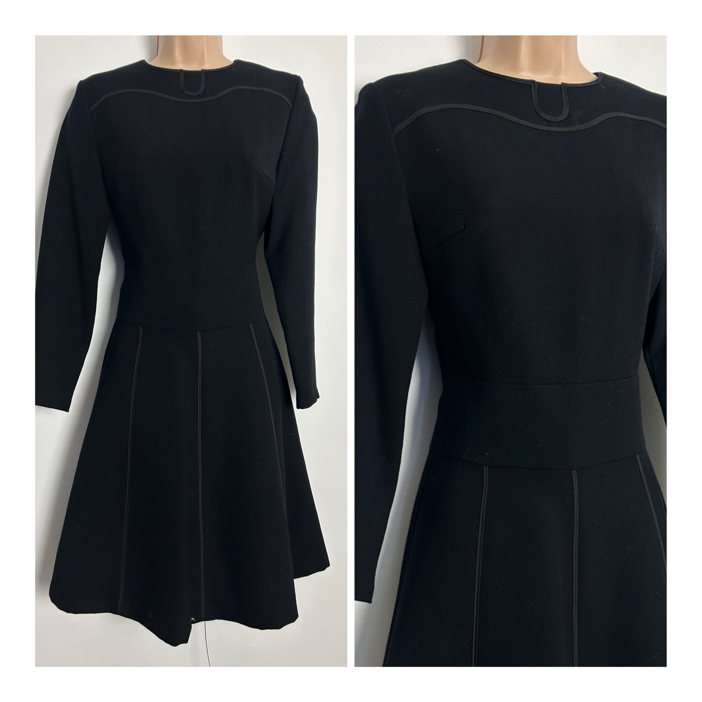 Vintage 1960s EIN FINK MODELL UK Size 6-8 Black Pure New Wool Braid Detail Long Sleeve Mod Dress