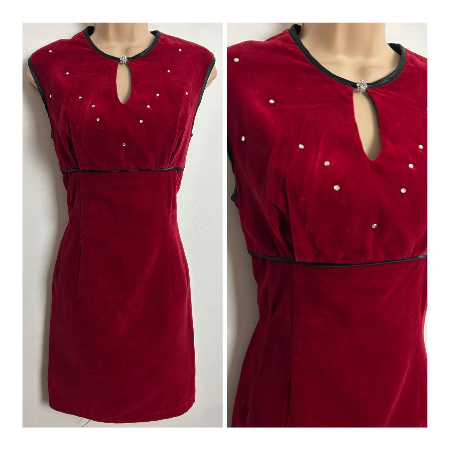 Vintage 1960s UK Size 8 Red Velvet Diamante Detail Xmas Party Mod Shift Dress