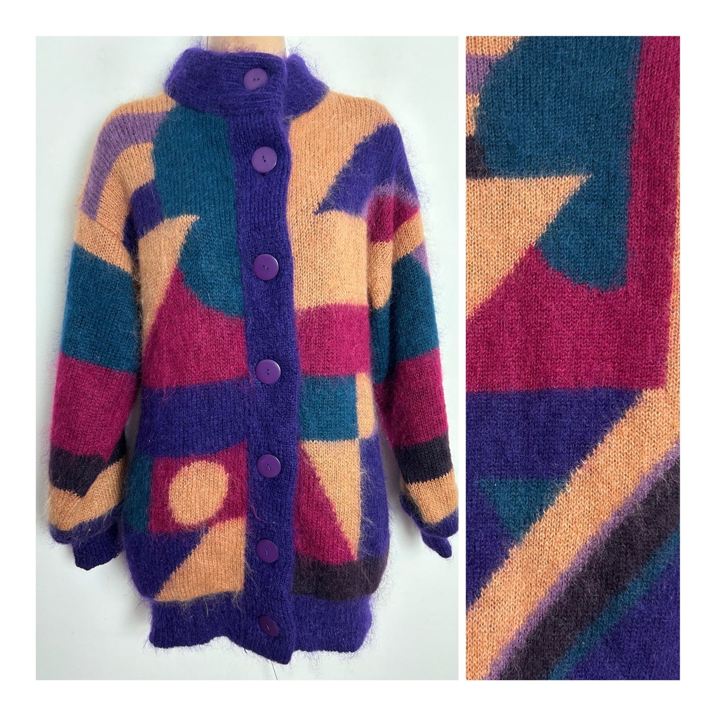 Vintage 1980s C&A One Size Up To Size 14 Purple Dark Pink Green & Sandy Beige Mohair Mix Cardigan/Coatigan