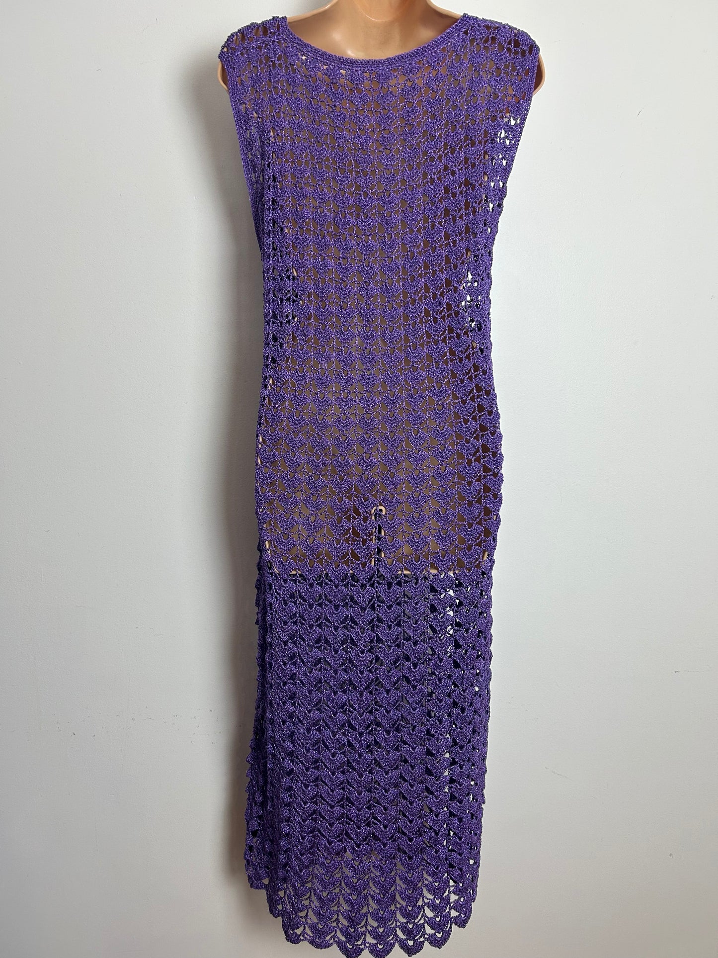 Vintage 1980s Size 12-14 Purple Glitter Crochet Sleeveless Party Occasion Midi Dress