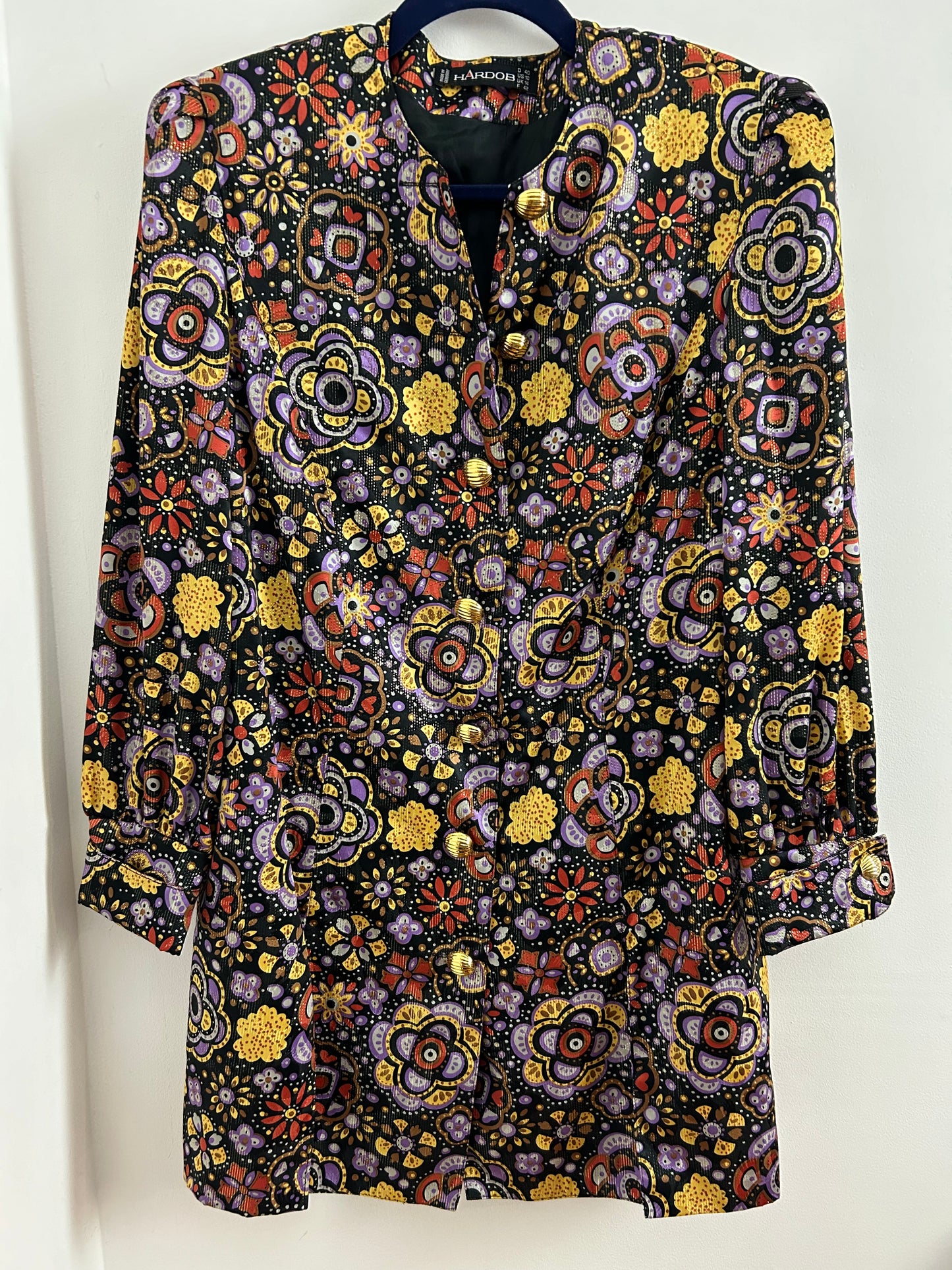 Vintage 1980s HARDOB UK Size 12 Black Lilac Gold & Red Floral Print Lurex Shift Dress/Long Tunic Top