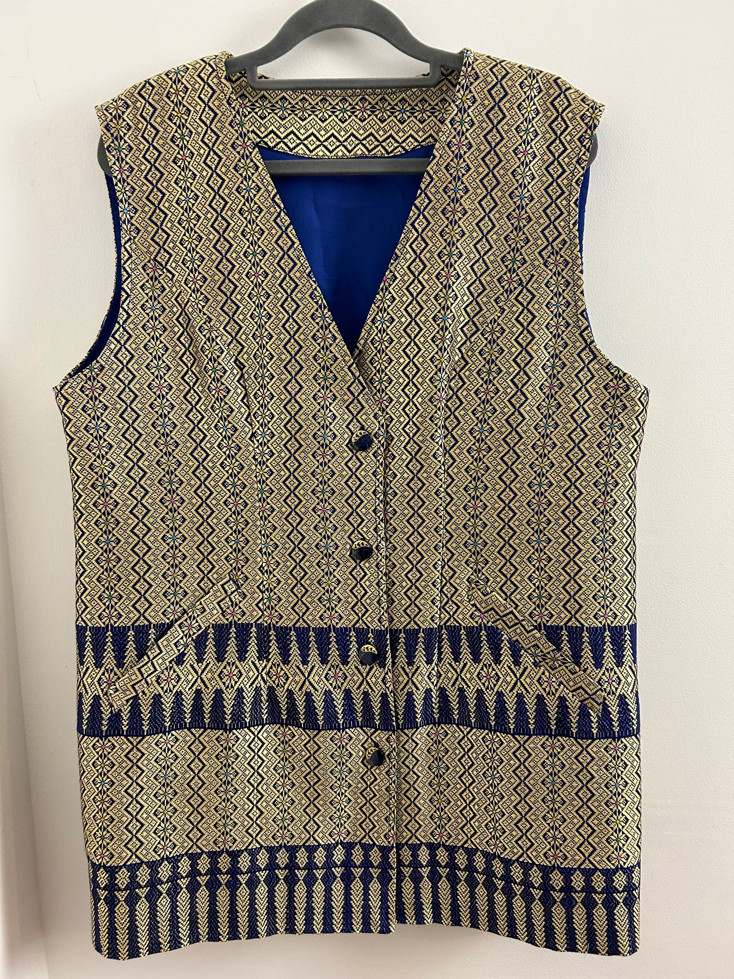Vintage UK Size 14-16 Gold & Blue Woven Silk Abstract Pattern Tunic Waistcoat