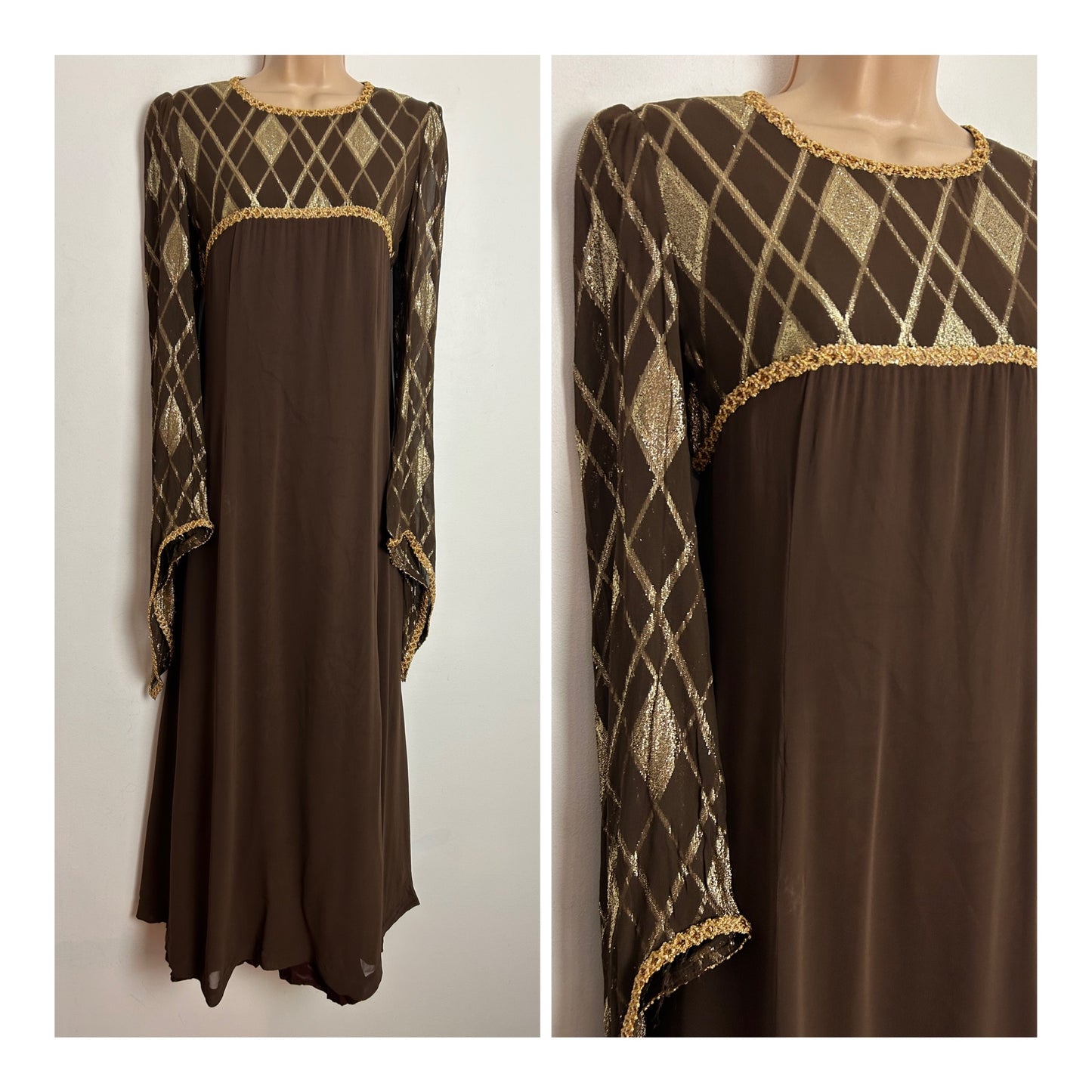 Vintage Early 1960s ALEXANDER CLARE UK Size 10 Brown & Gold Lurex Diamond Pattern Long Sleeve Occasion Maxi Dress
