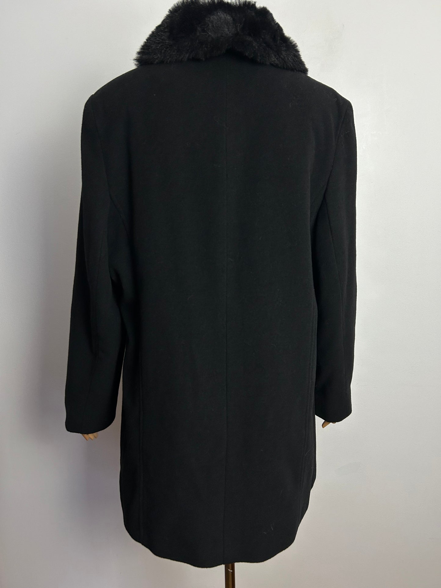 Vintage DAVID BARRY UK Size 14 Black Wool & Cashmere Faux Fur Collar (Detachable) Coat