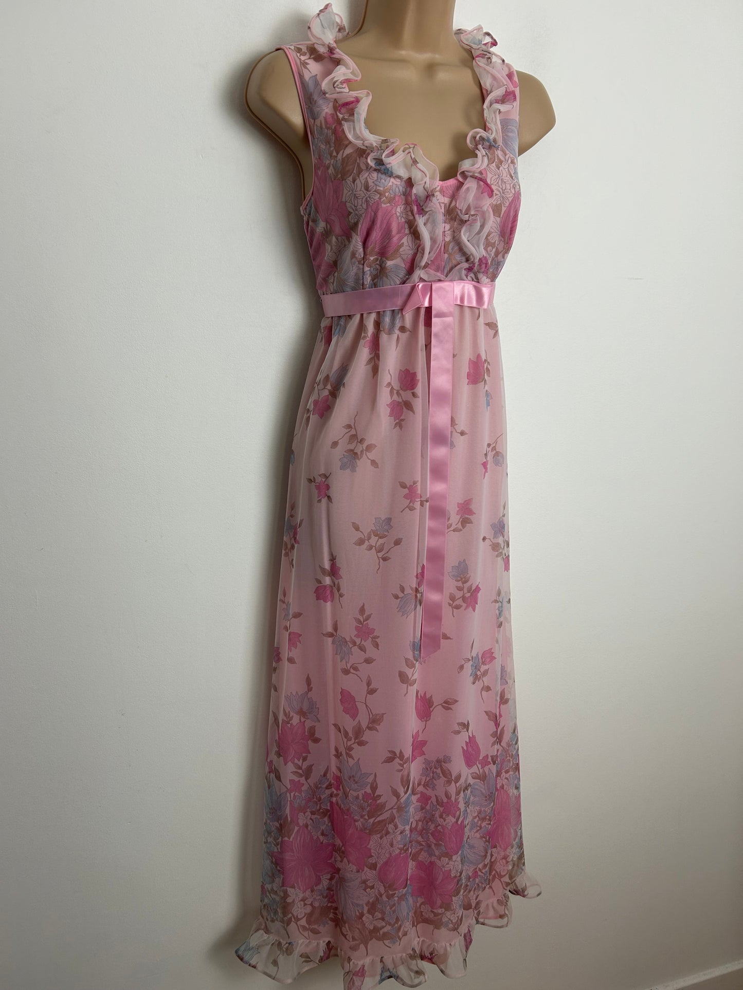 Vintage 1970s Size 10 Pink Tones Floral Print Ruffle Trim Bow Detail Nylon Nightdress Or Maxi Dress
